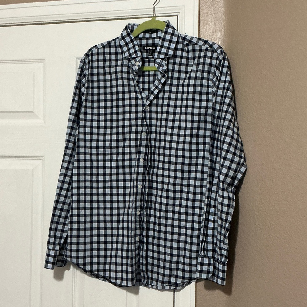 Express Men's Navy and Light Blue Plaid Shirt